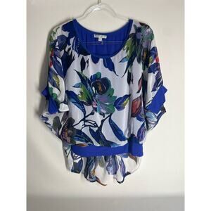 Alberto Makali Floral Print Artsy Dolman Sleeve Short Sleeve Sheer Lined Top MED